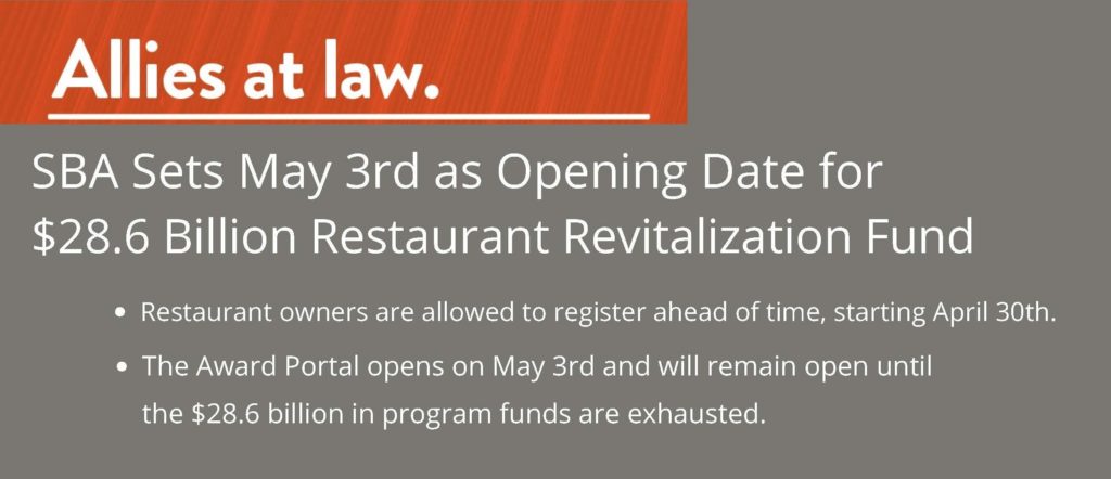 SBA Restaurant Revitalization Fund Sets May 3rd as Date the Award Portal Opens - Allies at Law - Jamie Batt - Matt Miller - Business Law - Labor & Employment - Rupp Baase - People at Law - Industry experts